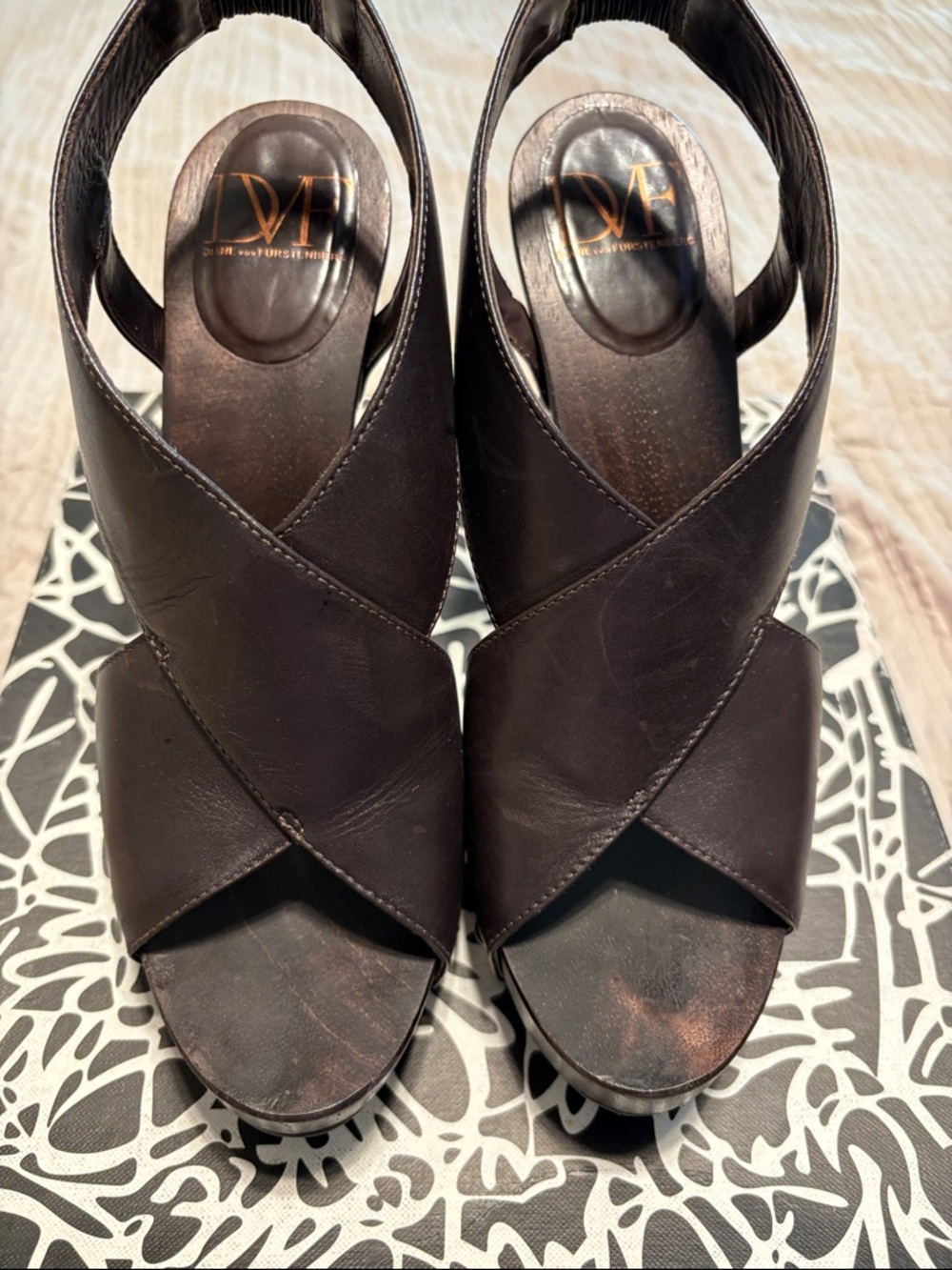 Diane Von Furstenberg Dark Brown Leather Crossover Peep-Toe Wedges